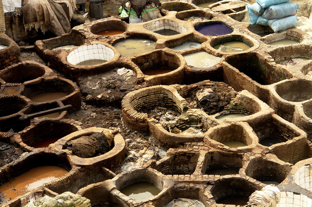 Ancient traditional leather tannery at Fez, Morocco - Photo, Image