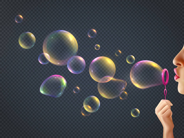 Girl Blowing Soap Bubbles - Vector, Image