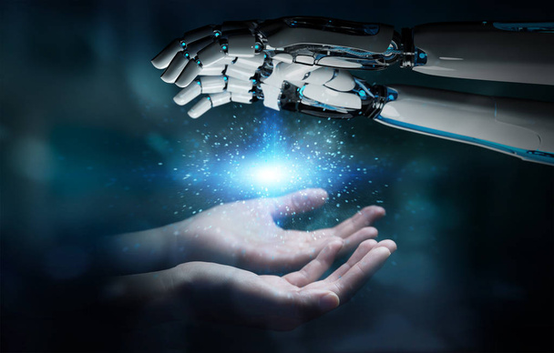 Robot hand making contact with human hand on dark background 3D rendering - Foto, imagen