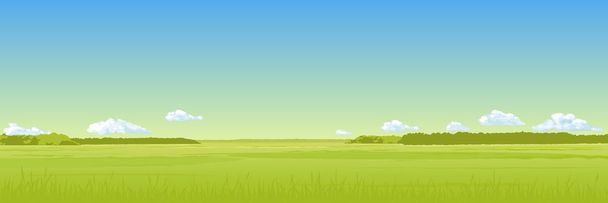 Πανόραμα - πεδίο το καλοκαίρι με ένα πράσινο γρασίδι, το γαλάζιο ουρανό, σύννεφα. Διάνυσμα σχεδίασης. - Διάνυσμα, εικόνα
