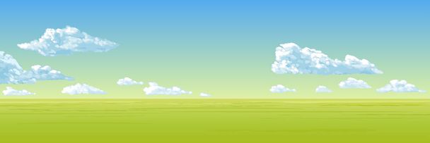 Panorama - letní pole s zelená tráva, modrá obloha, mraky. Vektorové kreslení. - Vektor, obrázek