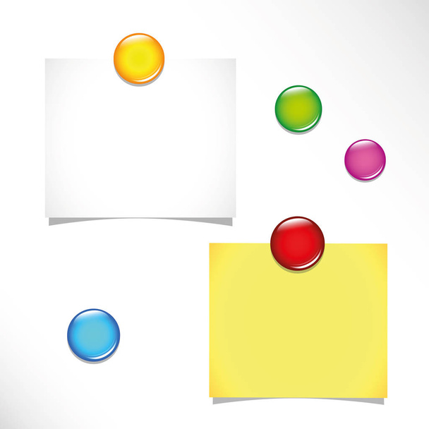 két üres öntapadó jegyzetek és színes gombostű egy faliújságra - Vektor, kép
