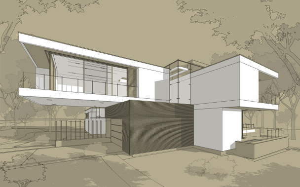 3d rendering sketch of modern cozy house with garage for sale or rent. Black line sketch with white spot and hand drawing entourage on craft background. - Photo, Image