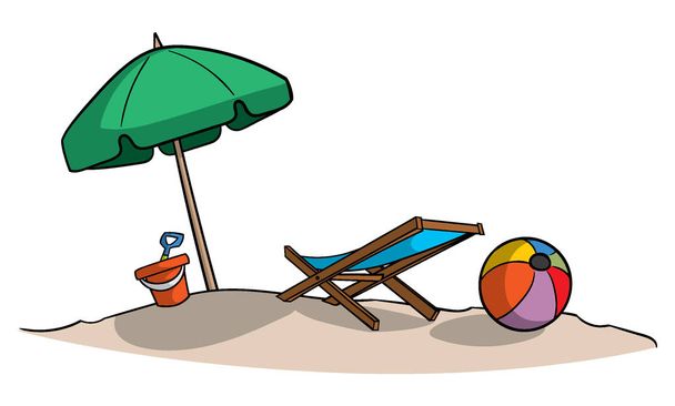 cartoon style icon of chair and umbrella on beach on white, vector illustration - Вектор,изображение