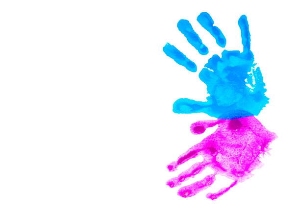 Huellas de manos para niños rosas y azules aisladas en blanco
. - Foto, Imagen