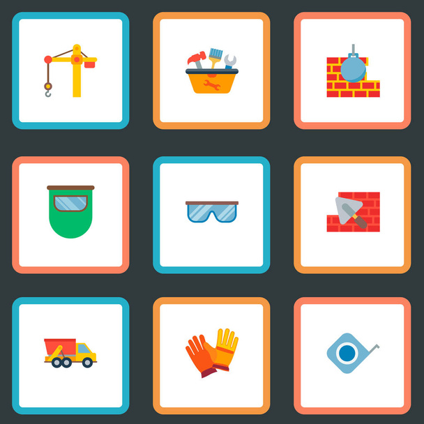 Set of construction icons flat style symbols with crane tower, brick laying, safety glasses and other icons for your web mobile app logo design. - Photo, Image