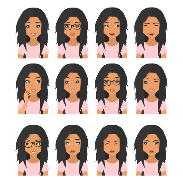Frau mit schwarzen Haaren und Emotionen. schönes Frauenporträt mit unterschiedlichen Gesichtsausdrücken, isoliert auf weißem Hintergrund. Benutzersymbole. Avatar-Vektor-Illustration - Vektor, Bild