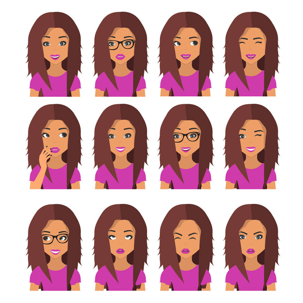 Woman with chestnut hair and emotions. Beautiful woman portrait with different facial expressions set, isolated on white background. User icons. Avatar Vector illustration - Wektor, obraz