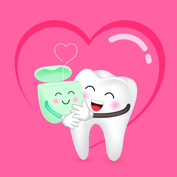 Schattige cartoon tand en tandzijde in liefde. Tandheelkundige zorg concept. Happy Valentijnsdag. Illustratie met achtergrond van hart. - Vector, afbeelding