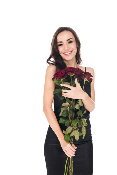 glücklich schöne Frau mit roten Rosen isoliert auf weiß - Foto, Bild