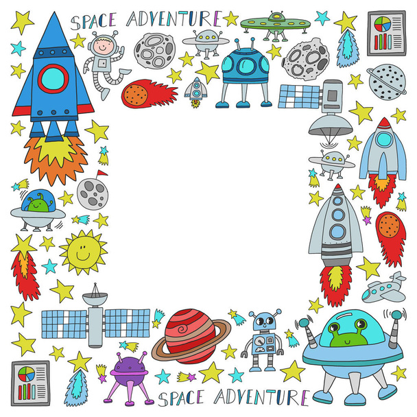 Vector set of space elements icons in doodle style. Painted, colorful, pictures on a piece of paper on white background. - Вектор,изображение