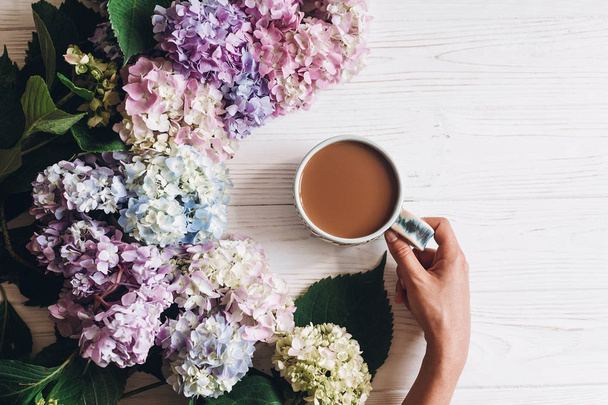 Hand holding coffee cup at beautiful hydrangea flowers on rustic white wood, flat lay. Good morning concept. Colorful pink, blue, green hydrangea. Hello spring. Happy mothers day - Photo, Image