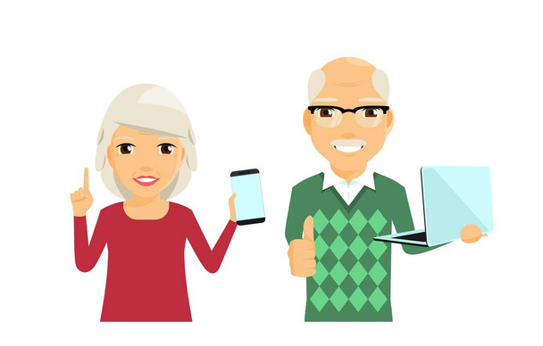 Elderly man and woman with gadgets in their hands. An elderly man with a laptop. An elderly woman with a phone. Retirement age. In flat style on white background. Cartoon. - Vector, Image