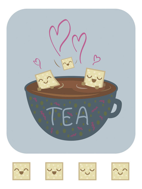 The funny cute picture, which makes light and cozy atmosphere. It depicts two chilling sugar cubes in the cup of tea, the third one is jumping to join to them. - Vector, Image