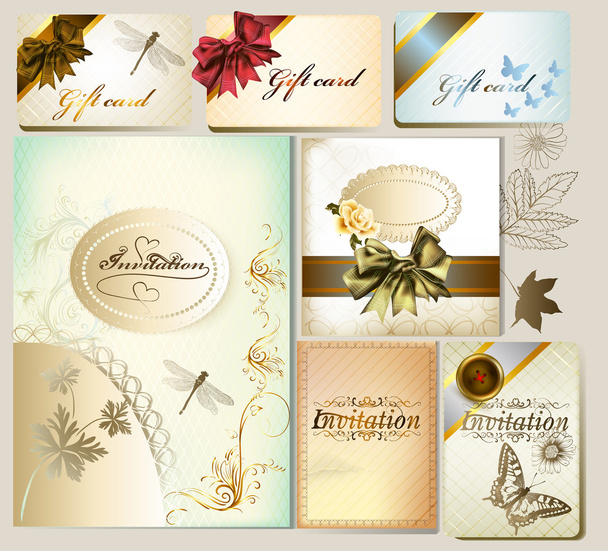 Luxury invitation and gift cards with floral elements and bows - Вектор,изображение