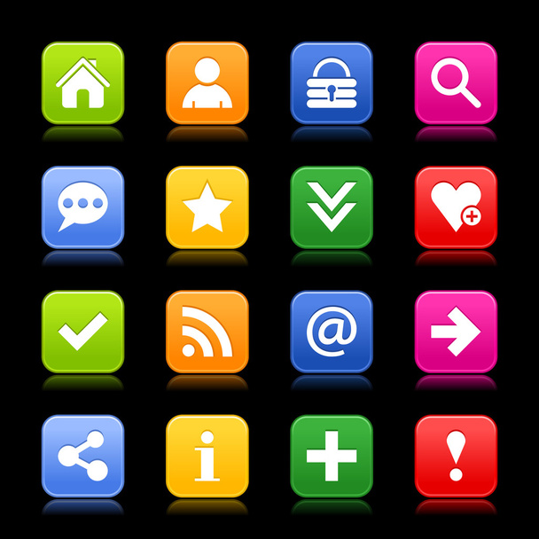 16 beliebte Farben Symbol mit grundlegenden Zeichen. einfache runde glasige quadratische Form Internet-Taste auf schwarzem Hintergrund. zeitgenössischer, einfacher Stil. - Vektor, Bild