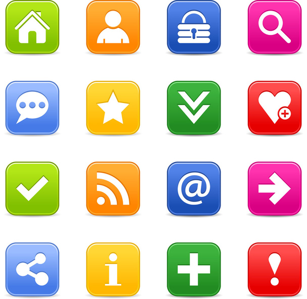 16 popular colors icon with basic sign. Simple rounded glassy square shape internet button on white background. Contemporary modern simple style. - Vettoriali, immagini