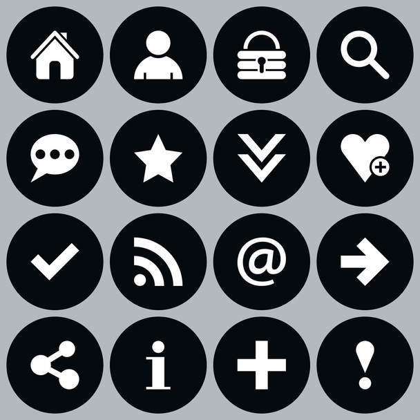 16 beliebte weiße Symbole mit Grundzeichen. einfache Kreisform Internet-Taste auf grauem Hintergrund. - Vektor, Bild