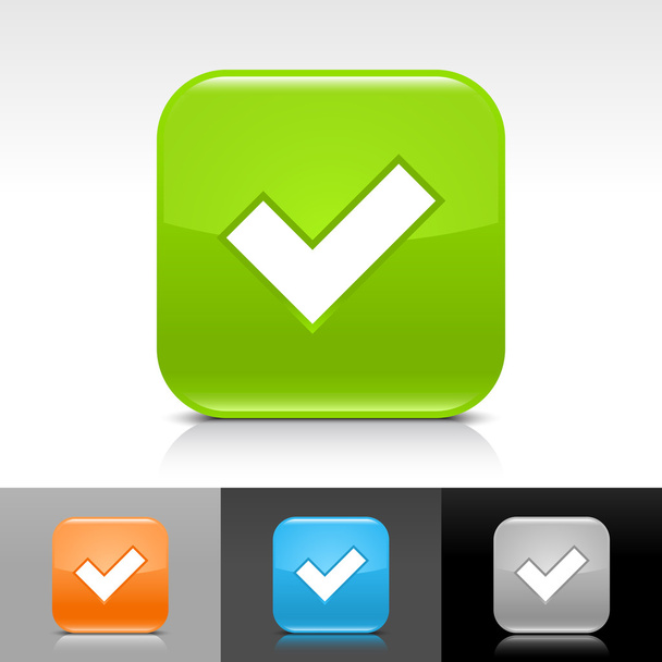 Verde, laranja, azul, cinza botão web brilhante com sinal de marca de verificação preta
. - Vetor, Imagem