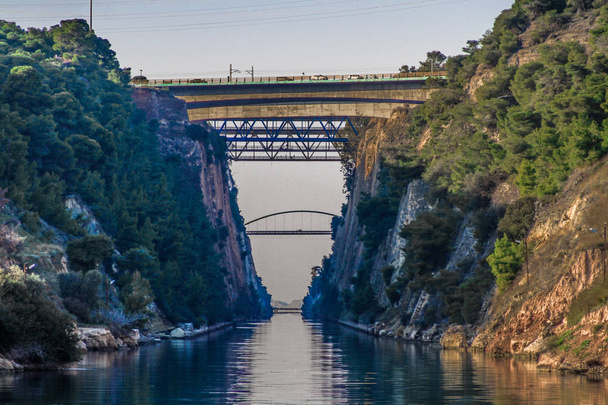 Corinth channel, The Corinthian Canal in Greece. Peloponnese view, isthmia, Aegean and Ionic Sea connection. - Photo, Image