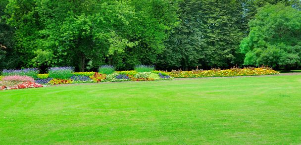 Summer park with beautiful flowerbeds and meadow. Wide photo. - Photo, Image