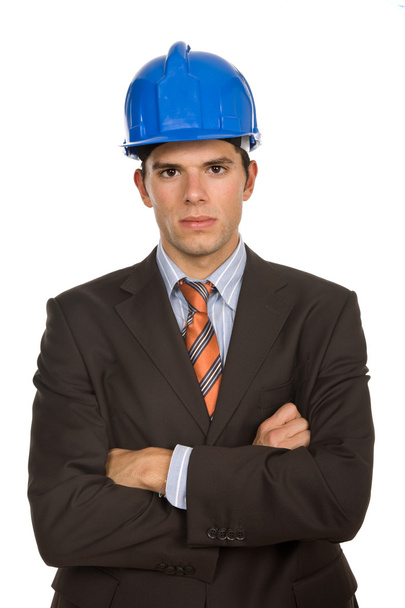 inženýr s modrou bezpečnostní přilba, izolované na bílém - Fotografie, Obrázek