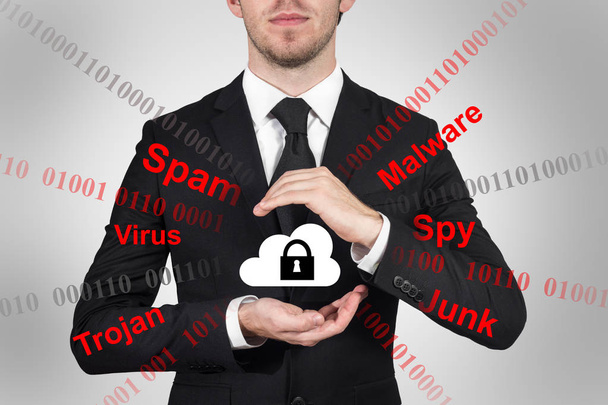 businessman protects cloud data symbol with his hands malware - Foto, Bild