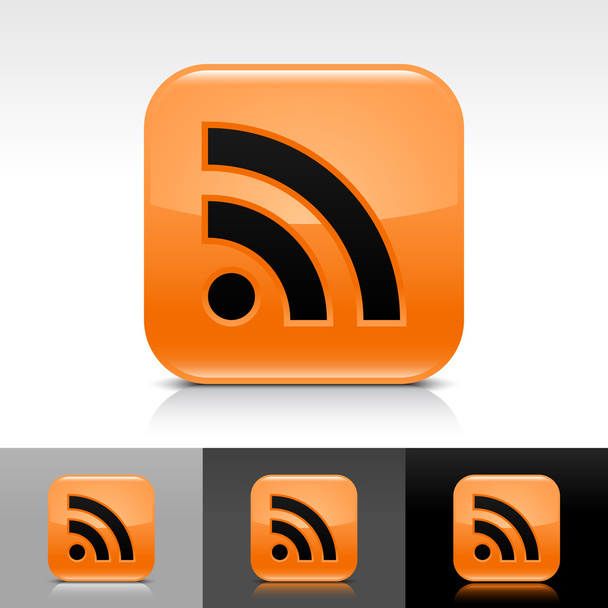 Botón web brillante naranja con signo RSS negro. Icono redondeado de forma cuadrada con reflejo y sombra sobre fondo blanco, gris y negro
. - Vector, Imagen