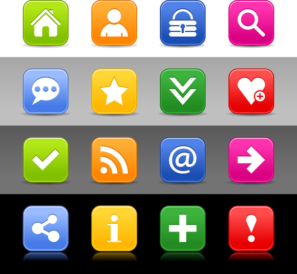 16 web-painiketta perus merkki. Satiinisarjan ikoni. Pyöristetty neliön muotoisia varjo, heijastus. Vihreä, oranssi, sininen, keltainen, punainen väri valkoinen, musta, harmaa taustat. Vektorikuvaus 8 eps
 - Vektori, kuva