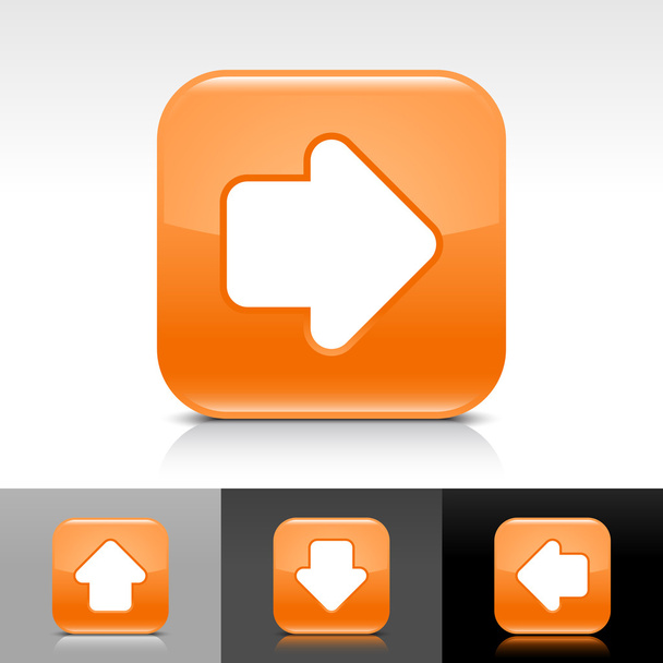 Botão web laranja brilhante com sinal de seta branca
 - Vetor, Imagem