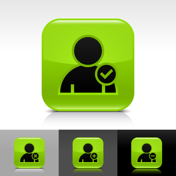 Зелена глянцева веб-кнопка з чорним знаком профілю користувача. Іконка округлої квадратної форми з відображенням, тінь на білому, сірому, чорному фоні з позначкою контрольної точки гліф
 - Вектор, зображення