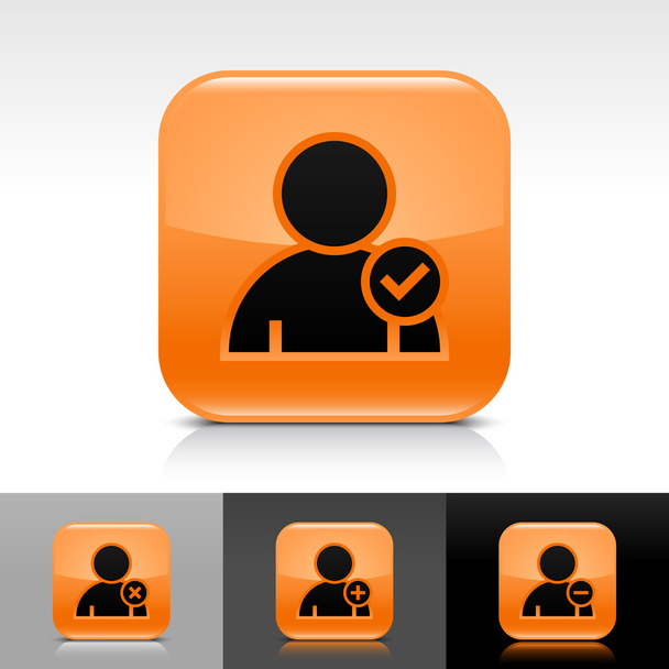 黒のユーザー プロファイルの登録を持つオレンジ色の光沢のある web ボタン。チェック マーク グリフと白、灰色、黒の背景に影、反射と丸みを帯びた正方形アイコン - ベクター画像