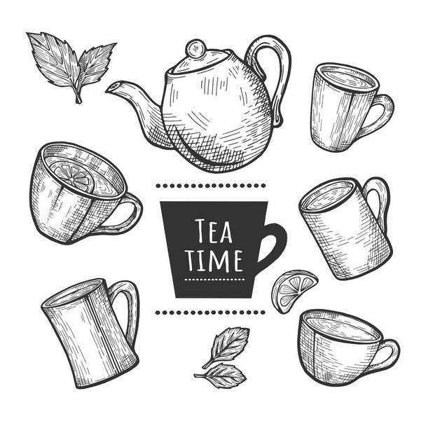 Ilustración vectorial de diferentes tazas de té y juego de macetas. Etiqueta de té, hojas, rodaja de limón y tetera. Estilo grabado dibujado a mano
. - Vector, imagen