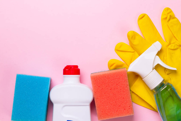 Cleaning set. Spring clean up. On pink background - Фото, изображение