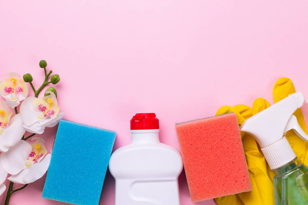 Cleaning set. Spring clean up. On pink background - Photo, Image