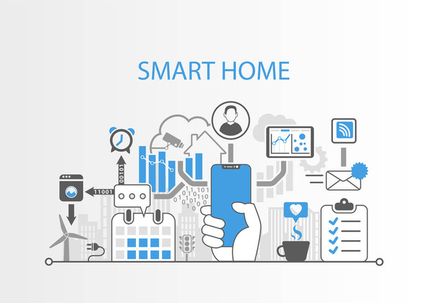 Έξυπνο concept home με χέρι που κρατά το σύγχρονο στεφάνη δωρεάν έξυπνο τηλέφωνο - Διάνυσμα, εικόνα