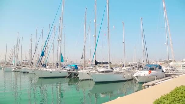 Clube de iates Maravilhosa manhã no porto de Valence. Iates estacionados estão balançando em ondas. Barcos à vela estão estacionados perto do porto do mar
 - Filmagem, Vídeo