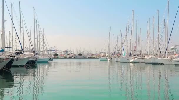 Čas zanikla Yacht club nádherný ráno v přístavu valence. Jachty zaparkované se houpe na vlnách. Plachetnice jsou zaparkované u námořního přístavu - Záběry, video