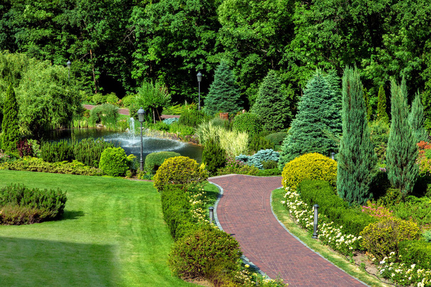 садовая дорожка, ведущая к пруду с фонтаном и ландшафтным дизайном с цветами и кустами, а также с большими деревьями
. - Фото, изображение