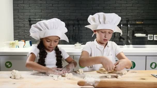 Two preschool kids working side by side cooking pies and cookies. Children chefs wear hats and aprons. 6-7 year old guys play chefs. 4k - Footage, Video
