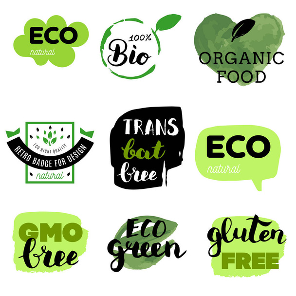 Healthy food icons, labels. Organic tags. Natural product elements. Logo for vegetarian restaurant menu. Raster illustration. Low fat stamp. Eco product. - Vektör, Görsel