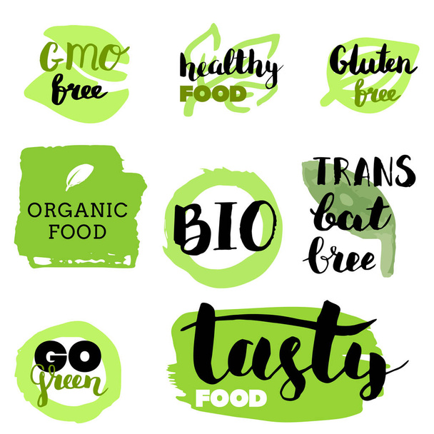 Healthy food icons, labels. Organic tags. Natural product elements. Logo for vegetarian restaurant menu. Raster illustration. Low fat stamp. Eco product. - Vector, Image