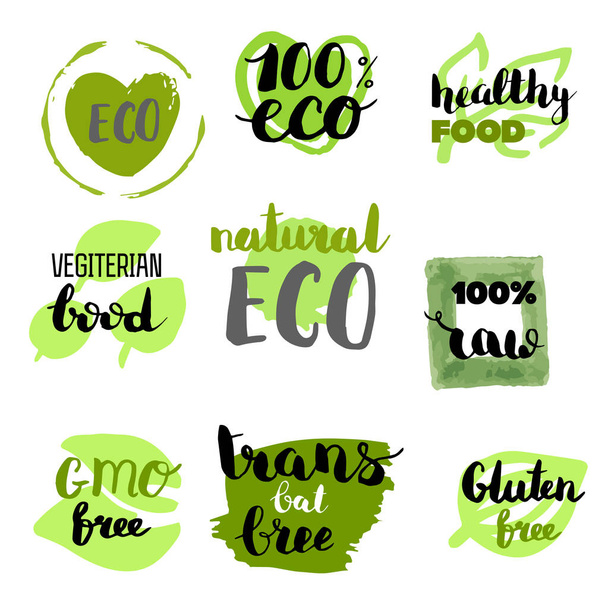 Terveellistä ruokaa kuvakkeet, etiketit. Orgaaniset merkit. Luonnontuote-elementit. Logo kasvisravintolan ruokalistalle. Rasterin kuvitus. Vähärasvainen leima. Ekotuote. - Vektori, kuva