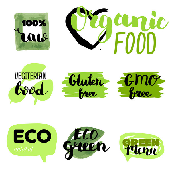 Gezonde voedselpictogrammen, etiketten. Organische labels. Natuurlijke product elementen. Logo voor vegetarisch restaurantmenu. Rasterillustratie. Laag vetgehalte. Milieuproduct. - Vector, afbeelding