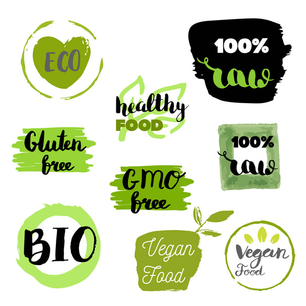 Symbole für gesunde Lebensmittel, Etiketten. Organische Etiketten. Natürliche Produktelemente. Logo für vegetarische Speisekarte im Restaurant. Raster-Illustration. Niedrige Fettmarke. Ökoprodukt. - Vektor, Bild