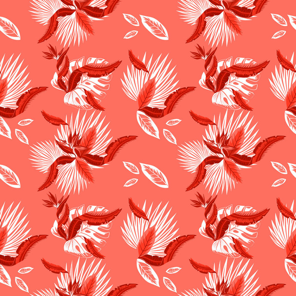 Vector  seamless pattern of tropical palm leaves, monstera  leaves  and coral flowers of the bird of paradise (Strelitzia) plumeria . Wallpaper trend design. - Вектор,изображение