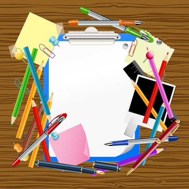 school background with clipboard and office supplies - Διάνυσμα, εικόνα
