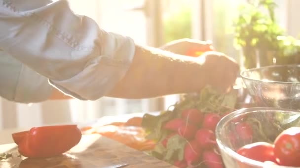 Vista de cerca de las manos femeninas preparando pimiento fresco para ensalada
 - Metraje, vídeo
