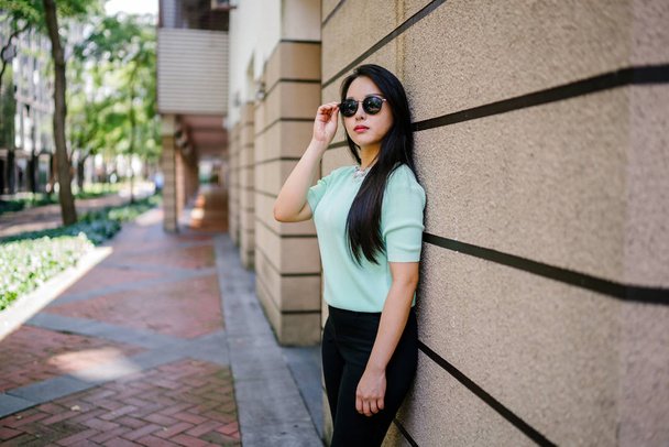 Portrait of a young, sexy and glamorous Asian woman leaning against a stone wall during the day. She is wearing a mint green sweater to match her black pants - Photo, image