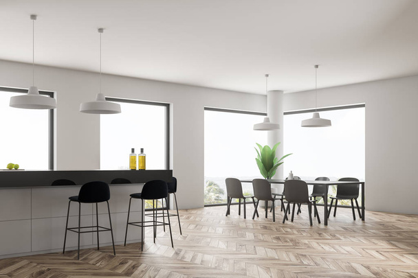 Γωνία της σύγχρονης κουζίνας και τραπεζαρίας με λευκούς τοίχους, ξύλινο δάπεδο, λευκά και γκρι island με μαύρα κόπρανα και γκρι τραπέζι με καρέκλες. 3D rendering - Φωτογραφία, εικόνα